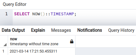 PostgreSQL select now timestamp